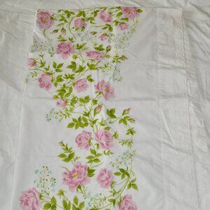 VINTAGE TWIN FLAT TOP SHEET - FLOWERS FLORAL WITH EYELETS - PINK, GREEN, BLUE